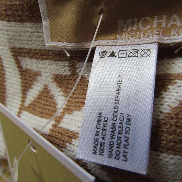 Michael Michael Kors Women's Signature MK Logo Knit Scarf Tan White Cozy Winter - Picture 8 of 8